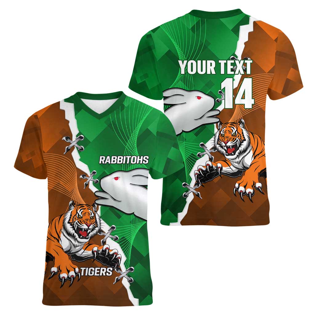 Custom Rabbitohs And Tigers Women V-Neck T-Shirt Together Dynamic Style