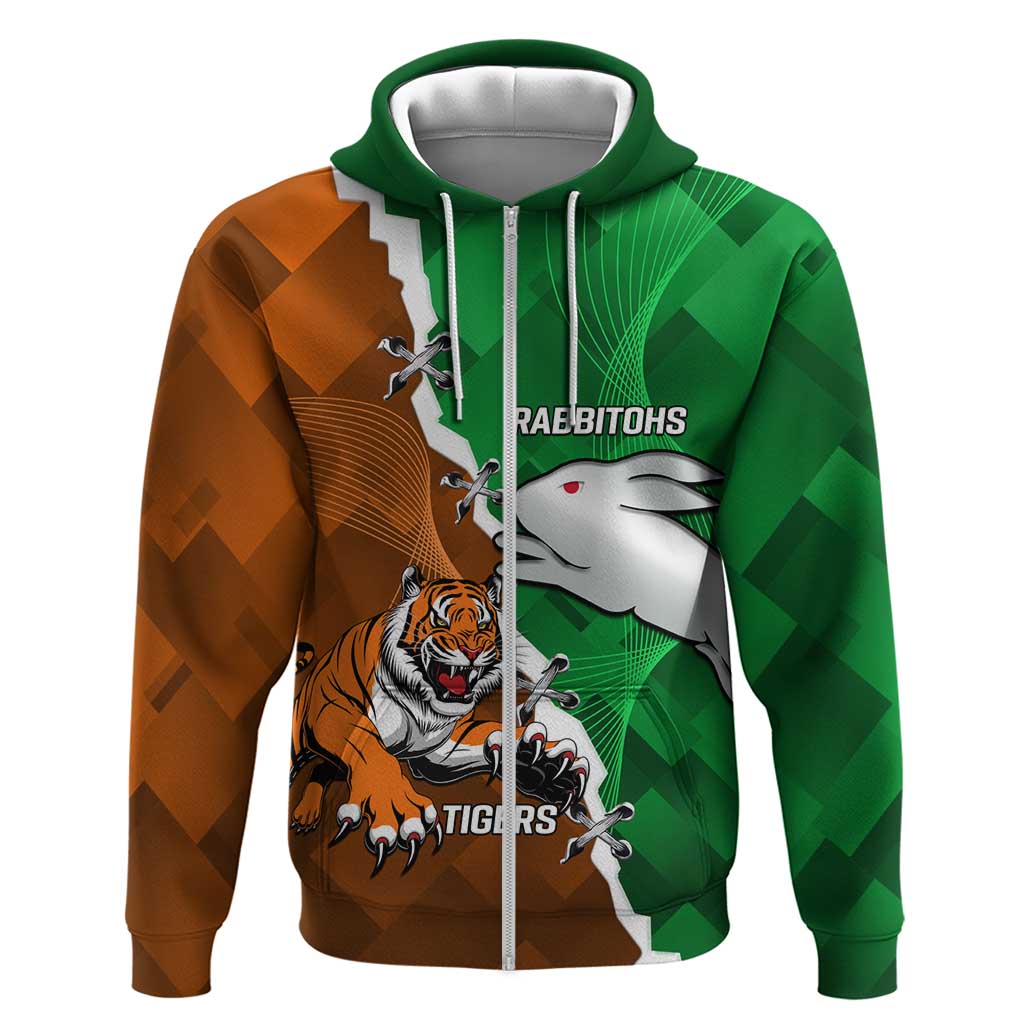 Custom Rabbitohs And Tigers Zip Hoodie Together Dynamic Style