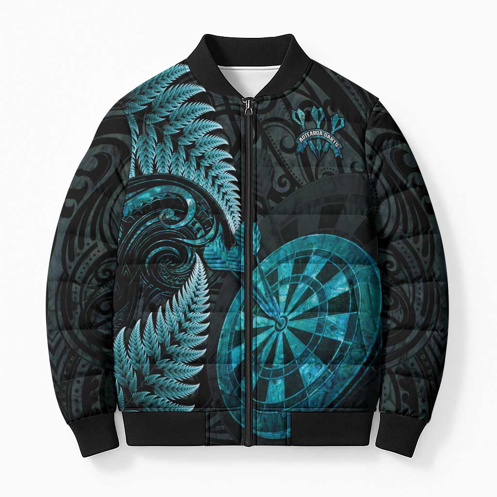 Personalised New Zealand Darts Bomber Puffer Jacket Happiness Is A Tight Threesome Maori Paua Shell - Aussie Hoodie