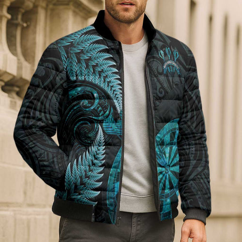Personalised New Zealand Darts Bomber Puffer Jacket Happiness Is A Tight Threesome Maori Paua Shell - Aussie Hoodie