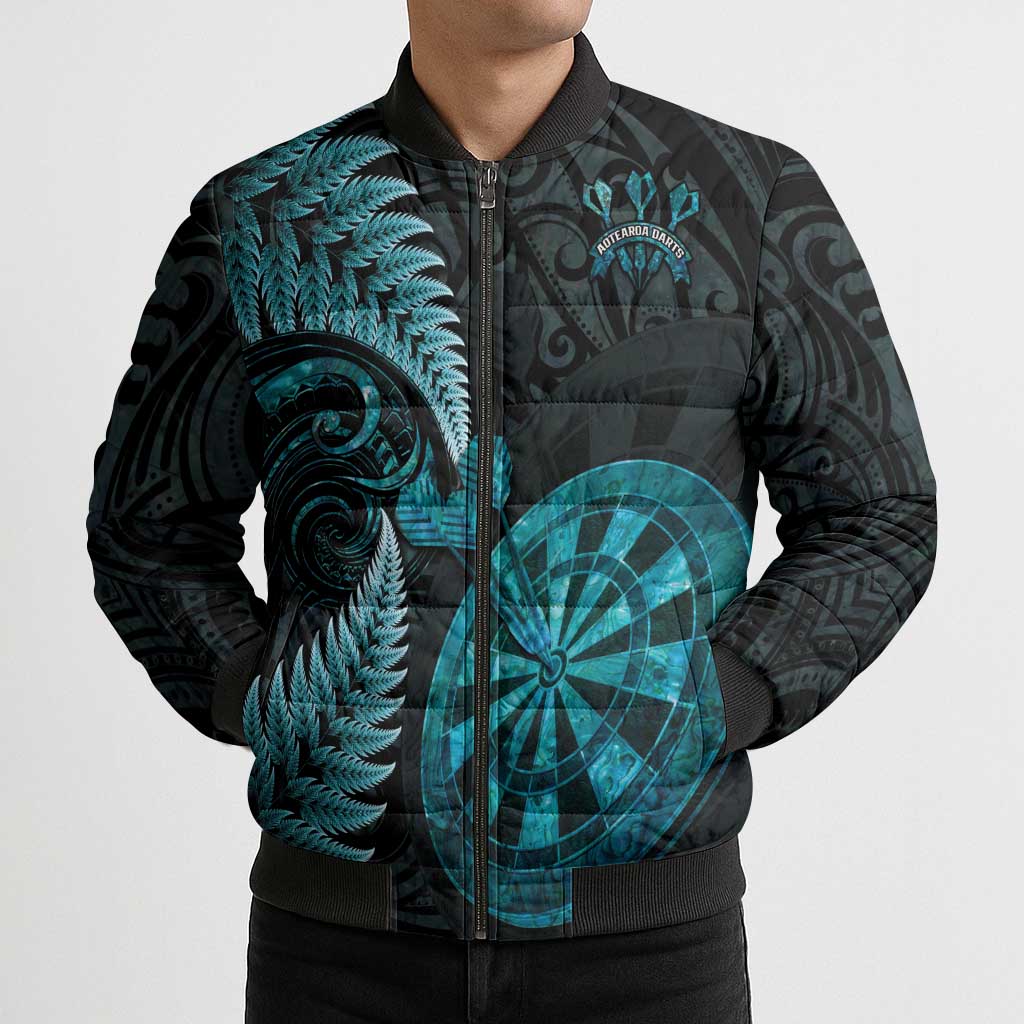 Personalised New Zealand Darts Bomber Puffer Jacket Happiness Is A Tight Threesome Maori Paua Shell - Aussie Hoodie