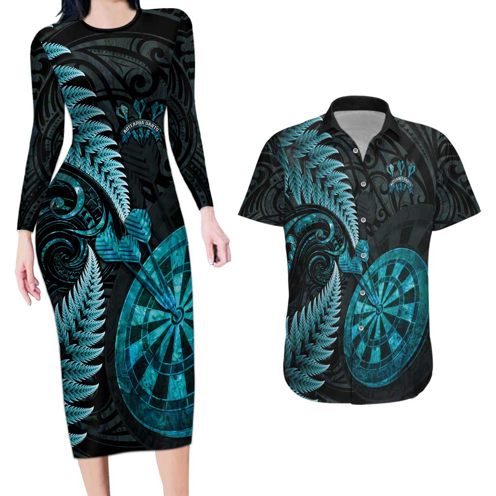 Personalised New Zealand Darts Couples Matching Long Sleeve Bodycon Dress and Hawaiian Shirt Happiness Is A Tight Threesome Maori Paua Shell