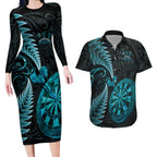 Personalised New Zealand Darts Couples Matching Long Sleeve Bodycon Dress and Hawaiian Shirt Happiness Is A Tight Threesome Maori Paua Shell