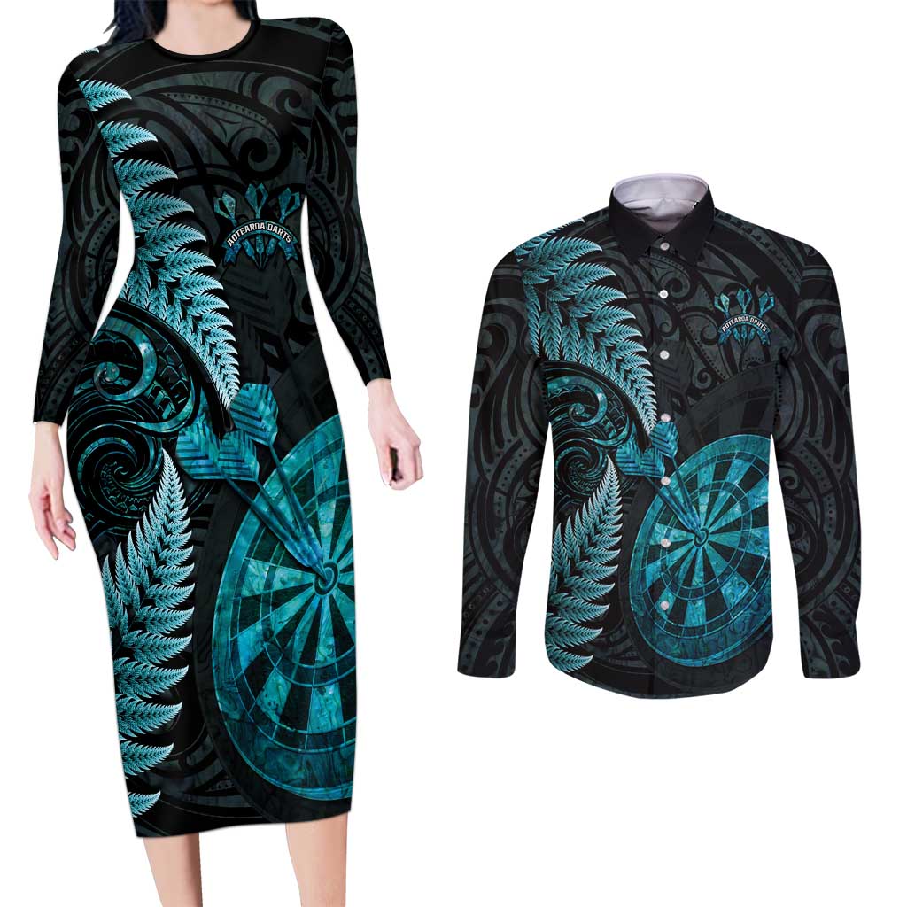 Personalised New Zealand Darts Couples Matching Long Sleeve Bodycon Dress and Long Sleeve Button Shirt Happiness Is A Tight Threesome Maori Paua Shell