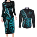 Personalised New Zealand Darts Couples Matching Long Sleeve Bodycon Dress and Long Sleeve Button Shirt Happiness Is A Tight Threesome Maori Paua Shell