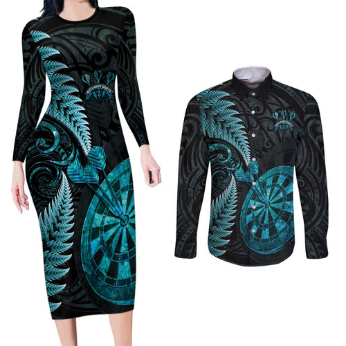 Personalised New Zealand Darts Couples Matching Long Sleeve Bodycon Dress and Long Sleeve Button Shirt Happiness Is A Tight Threesome Maori Paua Shell