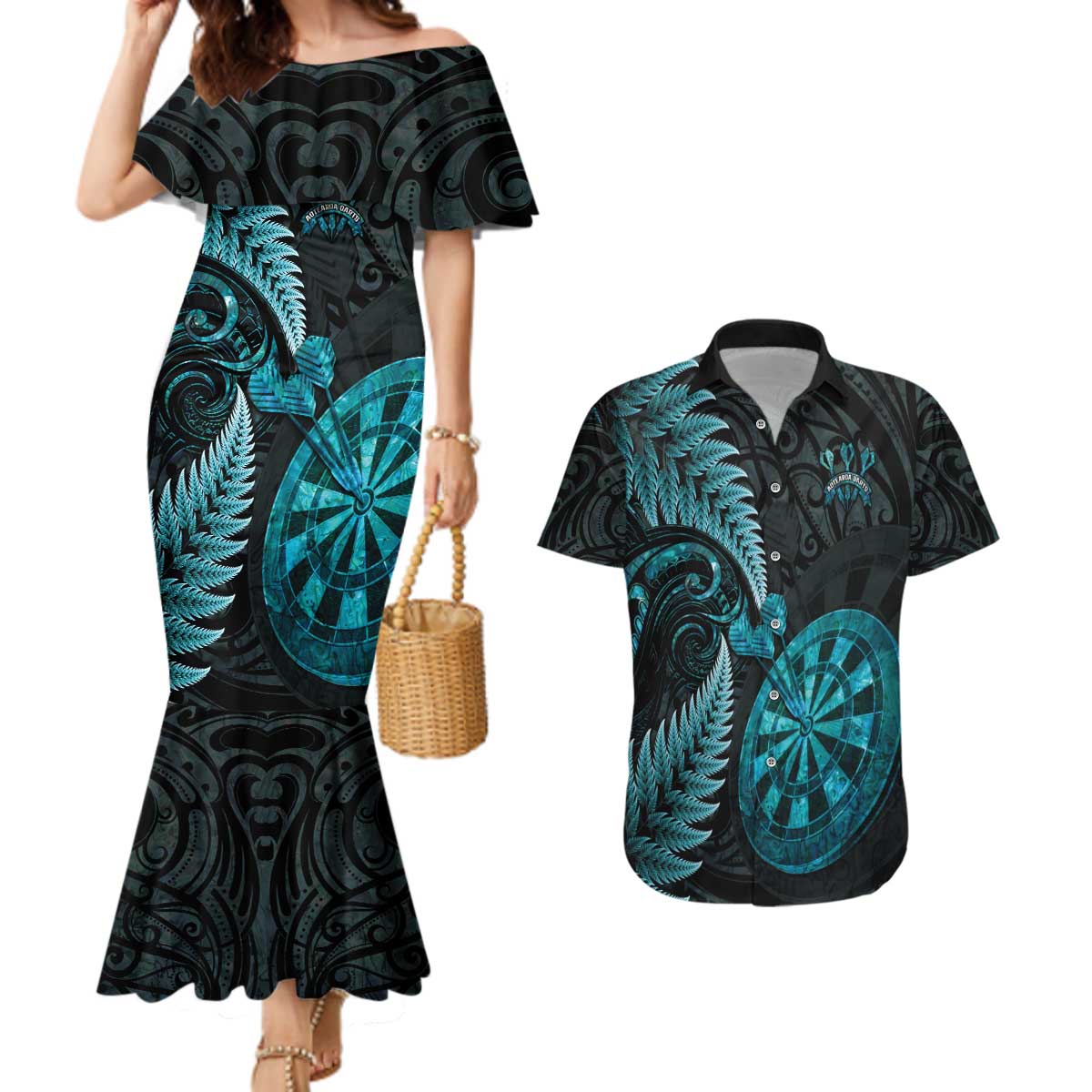 Personalised New Zealand Darts Couples Matching Mermaid Dress and Hawaiian Shirt Happiness Is A Tight Threesome Maori Paua Shell