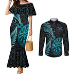 Personalised New Zealand Darts Couples Matching Mermaid Dress and Long Sleeve Button Shirt Happiness Is A Tight Threesome Maori Paua Shell