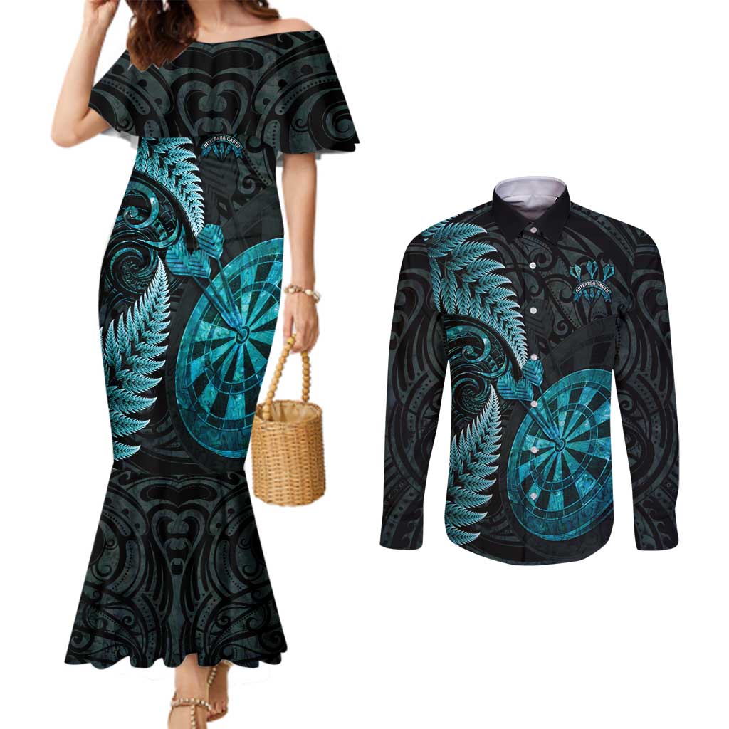 Personalised New Zealand Darts Couples Matching Mermaid Dress and Long Sleeve Button Shirt Happiness Is A Tight Threesome Maori Paua Shell