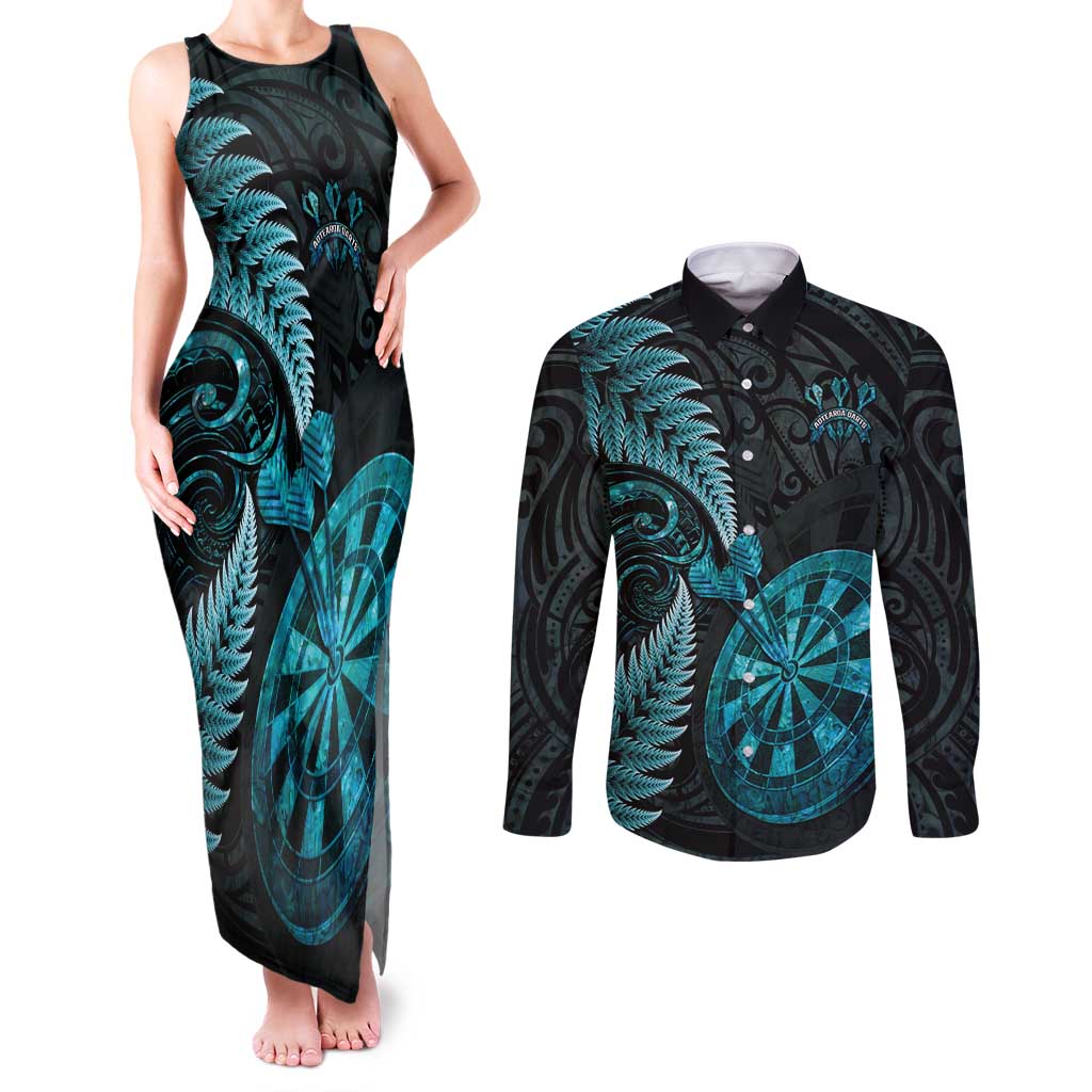 Personalised New Zealand Darts Couples Matching Tank Maxi Dress and Long Sleeve Button Shirt Happiness Is A Tight Threesome Maori Paua Shell
