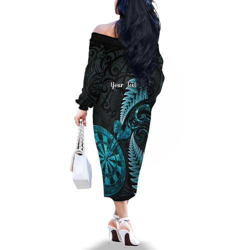 Personalised New Zealand Darts Family Matching Off The Shoulder Long Sleeve Dress and Hawaiian Shirt Happiness Is A Tight Threesome Maori Paua Shell