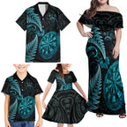 Personalised New Zealand Darts Family Matching Off Shoulder Maxi Dress and Hawaiian Shirt Happiness Is A Tight Threesome Maori Paua Shell