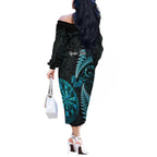 Personalised New Zealand Darts Off The Shoulder Long Sleeve Dress Happiness Is A Tight Threesome Maori Paua Shell
