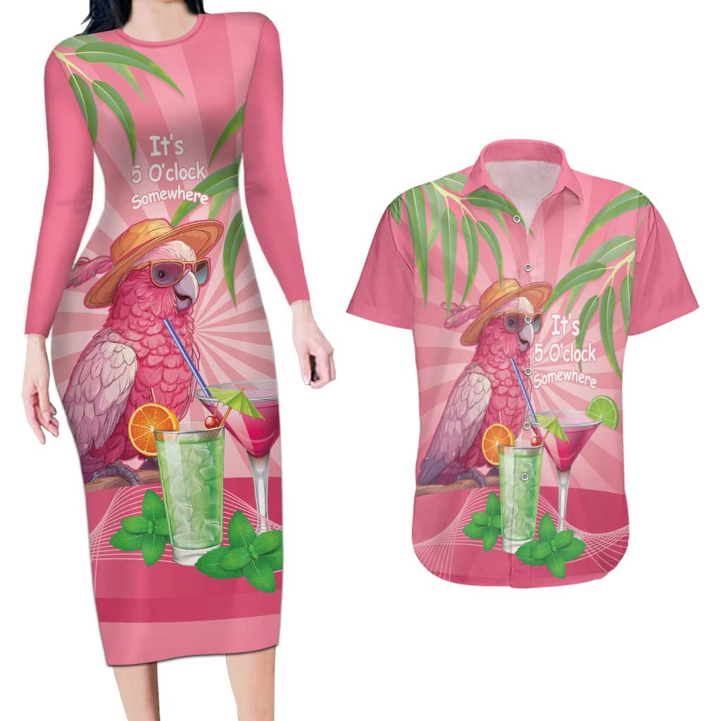 Chilling Pink Cockatoo Australia Couples Matching Long Sleeve Bodycon Dress and Hawaiian Shirt It's 5 O’Clock Somewhere Cocktail - Aussie Hoodie