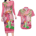 Chilling Pink Cockatoo Australia Couples Matching Long Sleeve Bodycon Dress and Hawaiian Shirt It's 5 O’Clock Somewhere Cocktail - Aussie Hoodie