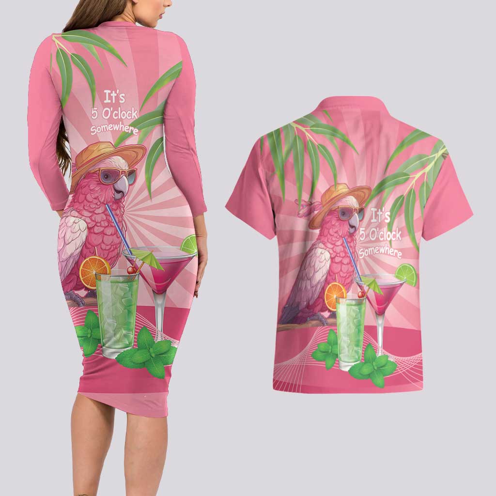 Chilling Pink Cockatoo Australia Couples Matching Long Sleeve Bodycon Dress and Hawaiian Shirt It's 5 O’Clock Somewhere Cocktail - Aussie Hoodie