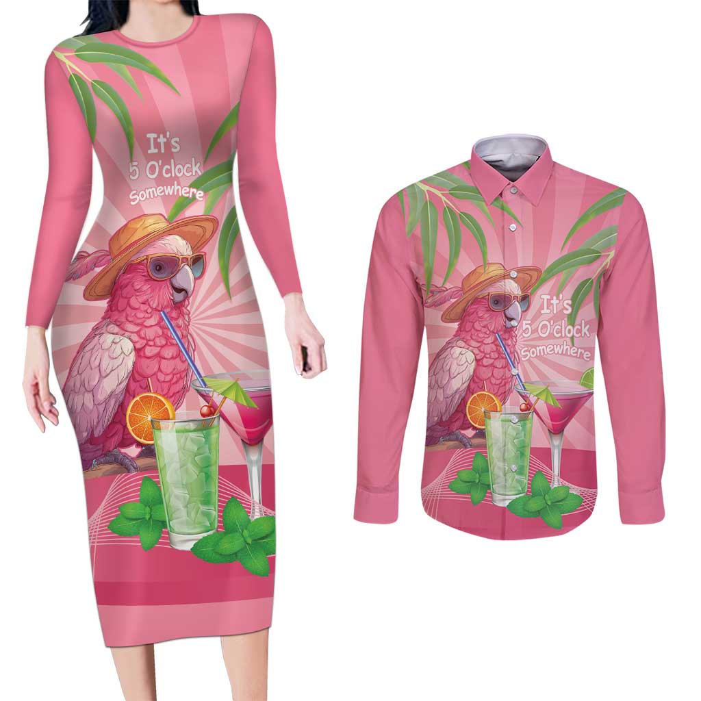 Chilling Pink Cockatoo Australia Couples Matching Long Sleeve Bodycon Dress and Long Sleeve Button Shirt It's 5 O’Clock Somewhere Cocktail - Aussie Hoodie