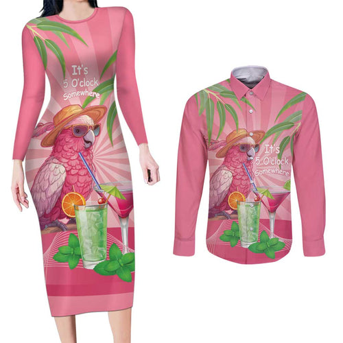 Chilling Pink Cockatoo Australia Couples Matching Long Sleeve Bodycon Dress and Long Sleeve Button Shirt It's 5 O’Clock Somewhere Cocktail - Aussie Hoodie