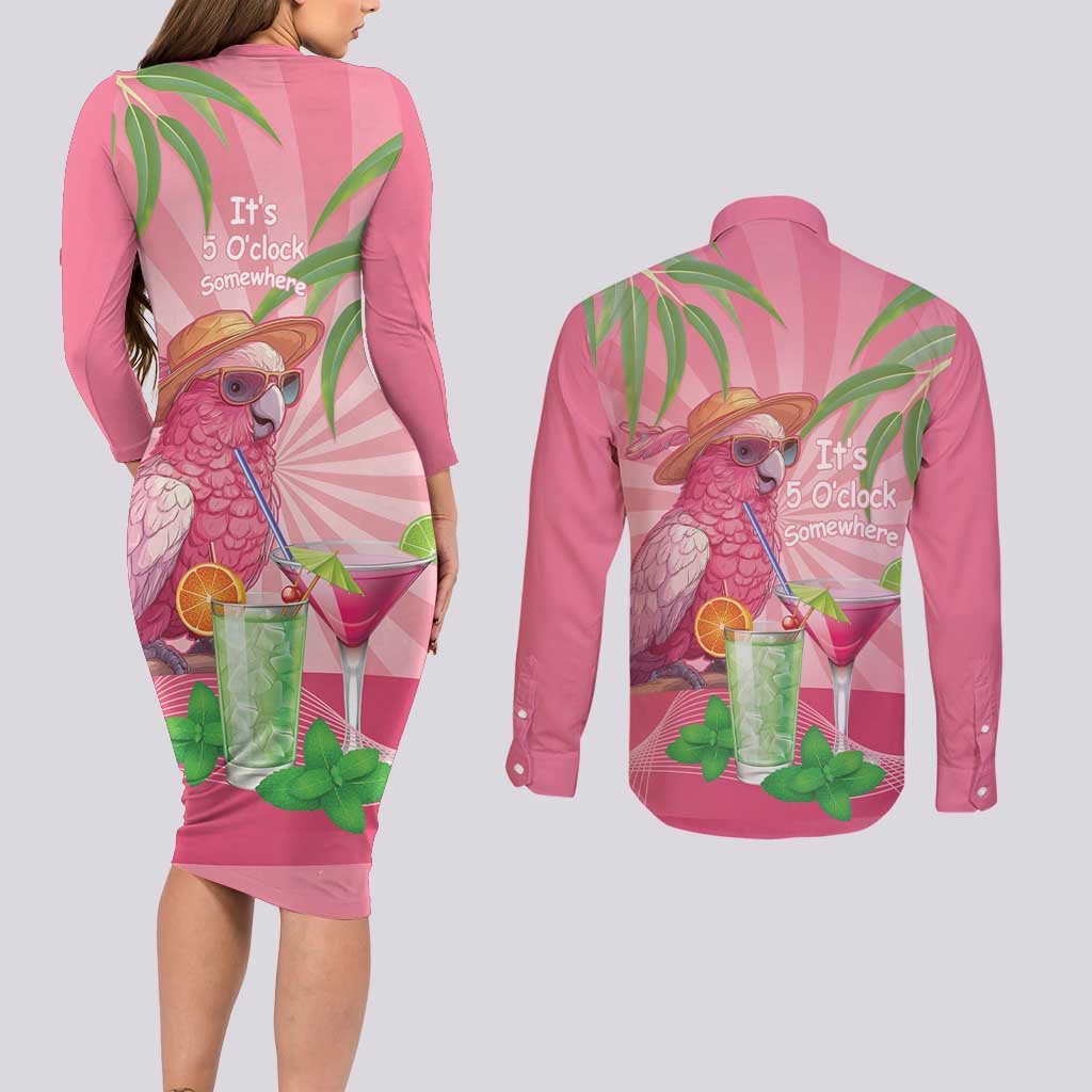 Chilling Pink Cockatoo Australia Couples Matching Long Sleeve Bodycon Dress and Long Sleeve Button Shirt It's 5 O’Clock Somewhere Cocktail - Aussie Hoodie