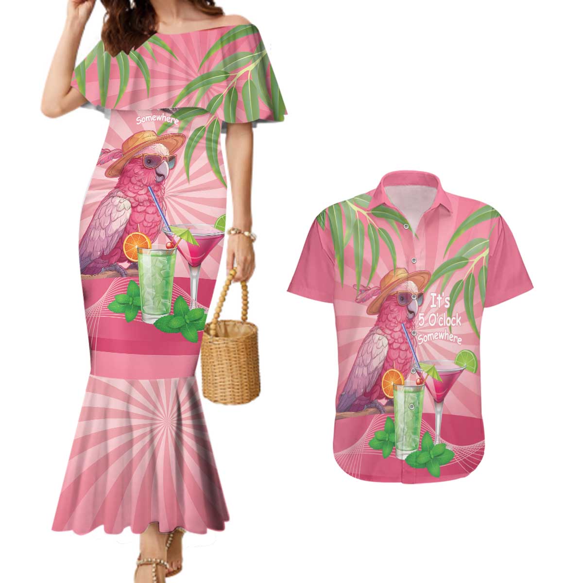 Chilling Pink Cockatoo Australia Couples Matching Mermaid Dress and Hawaiian Shirt It's 5 O’Clock Somewhere Cocktail - Aussie Hoodie
