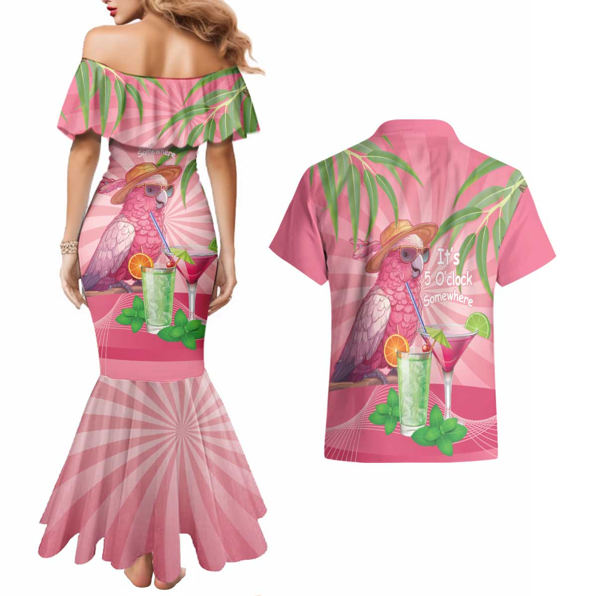 Chilling Pink Cockatoo Australia Couples Matching Mermaid Dress and Hawaiian Shirt It's 5 O’Clock Somewhere Cocktail - Aussie Hoodie