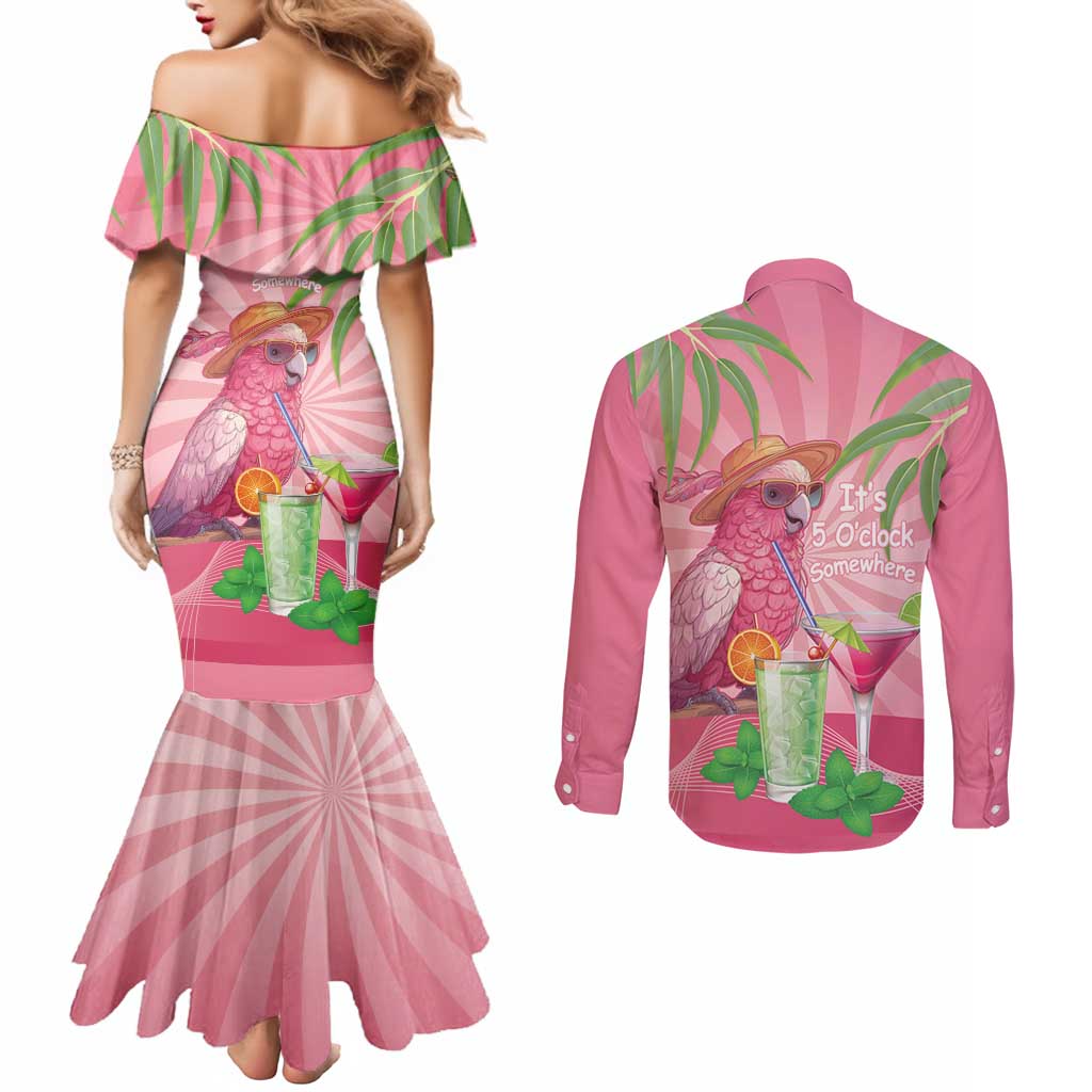 Chilling Pink Cockatoo Australia Couples Matching Mermaid Dress and Long Sleeve Button Shirt It's 5 O’Clock Somewhere Cocktail - Aussie Hoodie