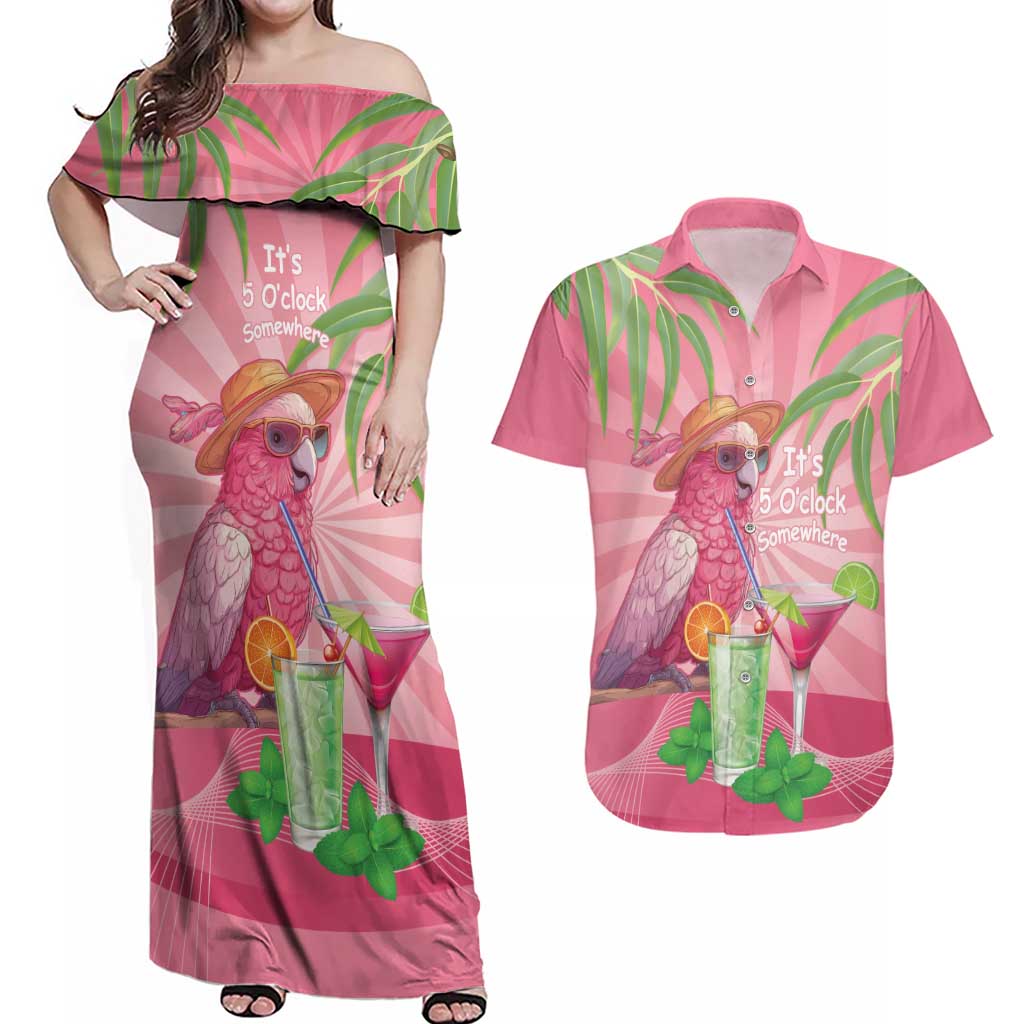 Chilling Pink Cockatoo Australia Couples Matching Off Shoulder Maxi Dress and Hawaiian Shirt It's 5 O’Clock Somewhere Cocktail - Aussie Hoodie