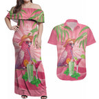 Chilling Pink Cockatoo Australia Couples Matching Off Shoulder Maxi Dress and Hawaiian Shirt It's 5 O’Clock Somewhere Cocktail - Aussie Hoodie