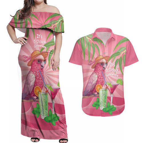 Chilling Pink Cockatoo Australia Couples Matching Off Shoulder Maxi Dress and Hawaiian Shirt It's 5 O’Clock Somewhere Cocktail - Aussie Hoodie
