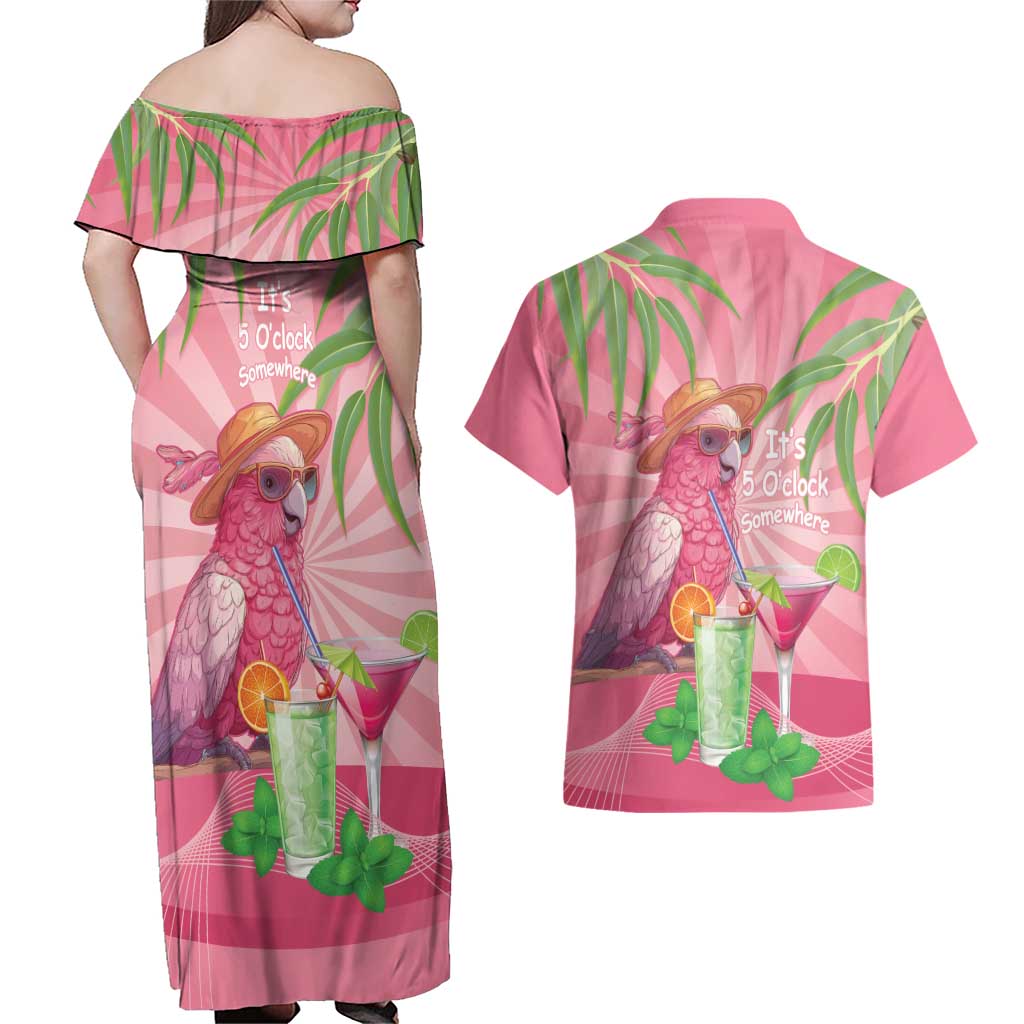 Chilling Pink Cockatoo Australia Couples Matching Off Shoulder Maxi Dress and Hawaiian Shirt It's 5 O’Clock Somewhere Cocktail - Aussie Hoodie