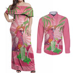 Chilling Pink Cockatoo Australia Couples Matching Off Shoulder Maxi Dress and Long Sleeve Button Shirt It's 5 O’Clock Somewhere Cocktail - Aussie Hoodie