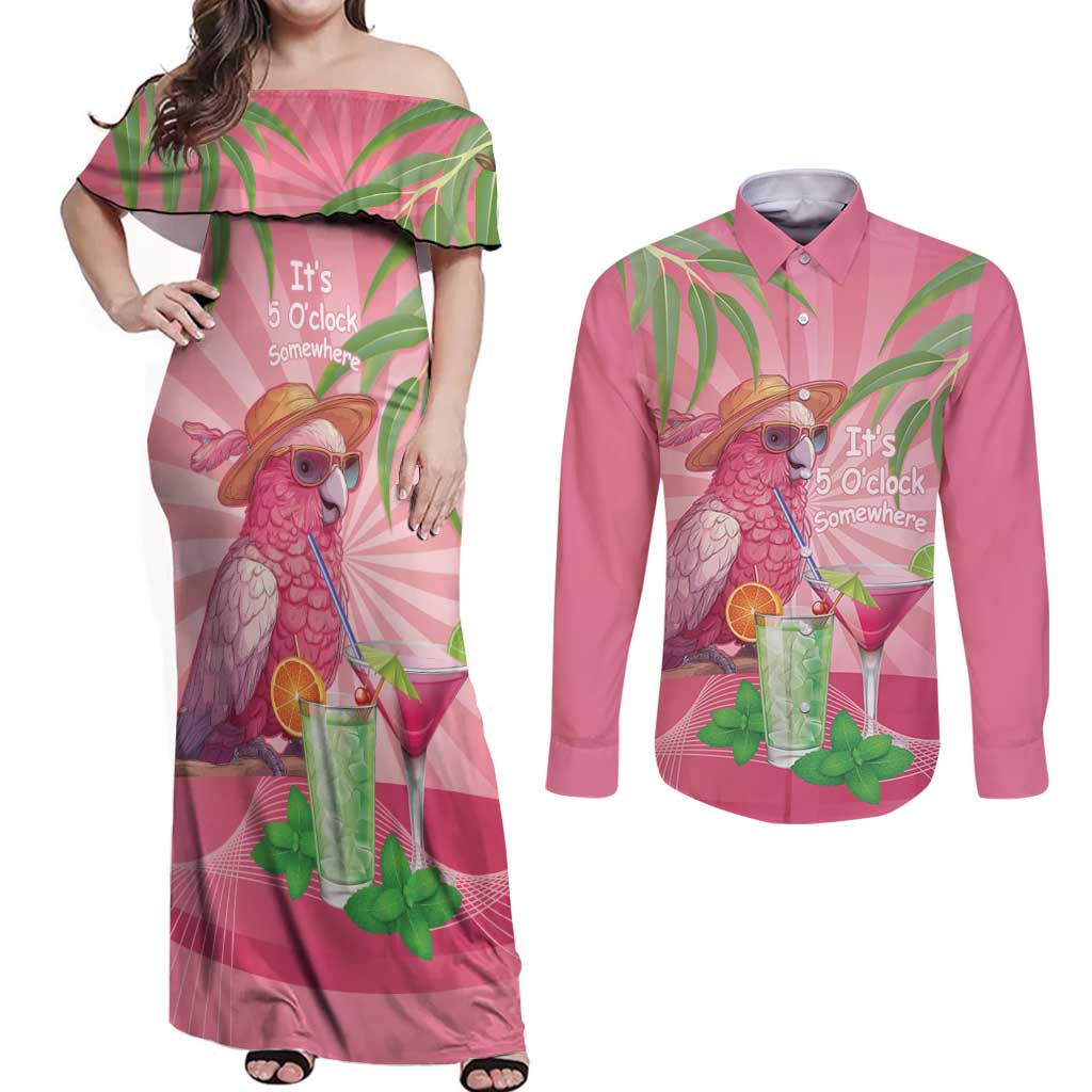 Chilling Pink Cockatoo Australia Couples Matching Off Shoulder Maxi Dress and Long Sleeve Button Shirt It's 5 O’Clock Somewhere Cocktail - Aussie Hoodie