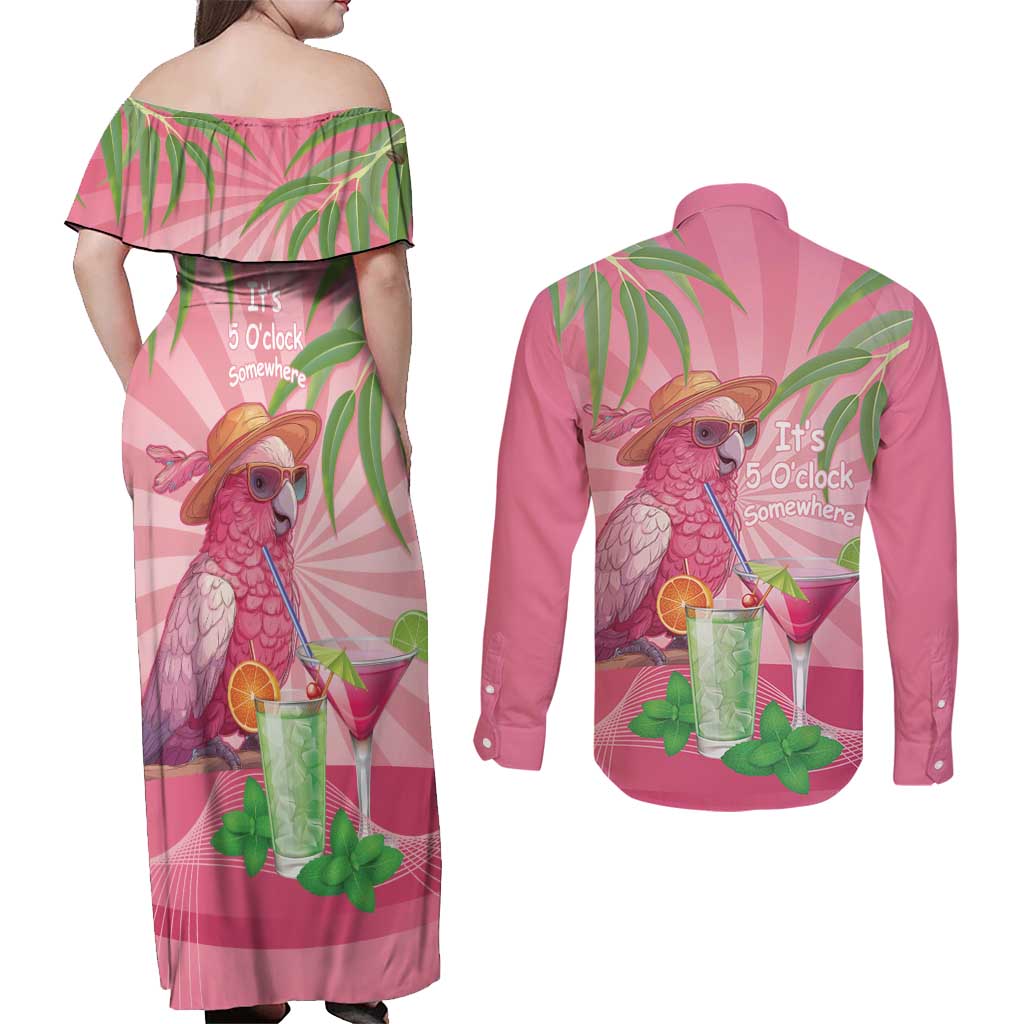 Chilling Pink Cockatoo Australia Couples Matching Off Shoulder Maxi Dress and Long Sleeve Button Shirt It's 5 O’Clock Somewhere Cocktail - Aussie Hoodie