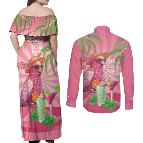 Chilling Pink Cockatoo Australia Couples Matching Off Shoulder Maxi Dress and Long Sleeve Button Shirt It's 5 O’Clock Somewhere Cocktail - Aussie Hoodie