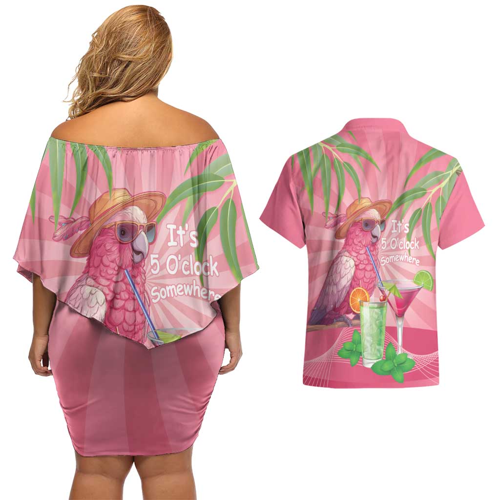 Chilling Pink Cockatoo Australia Couples Matching Off Shoulder Short Dress and Hawaiian Shirt It's 5 O’Clock Somewhere Cocktail - Aussie Hoodie