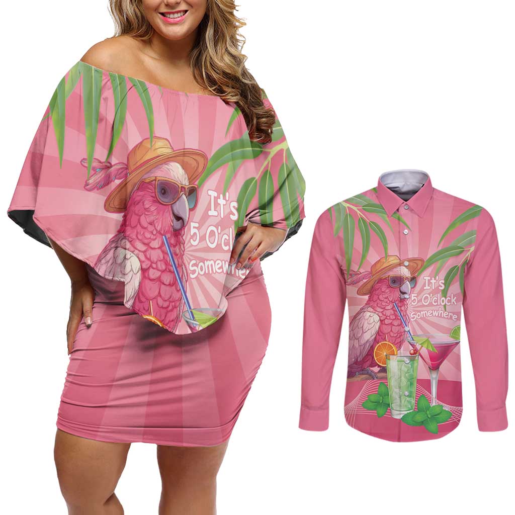 Chilling Pink Cockatoo Australia Couples Matching Off Shoulder Short Dress and Long Sleeve Button Shirt It's 5 O’Clock Somewhere Cocktail - Aussie Hoodie