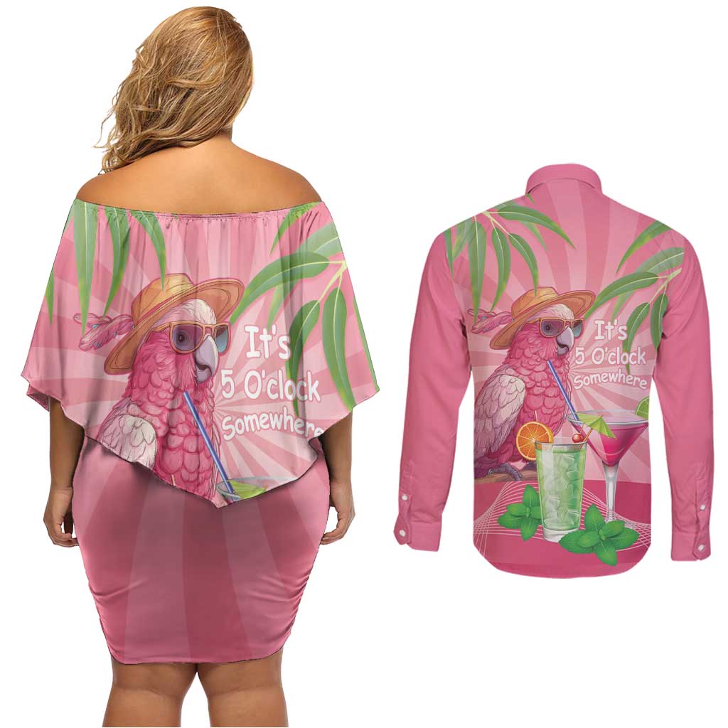 Chilling Pink Cockatoo Australia Couples Matching Off Shoulder Short Dress and Long Sleeve Button Shirt It's 5 O’Clock Somewhere Cocktail - Aussie Hoodie