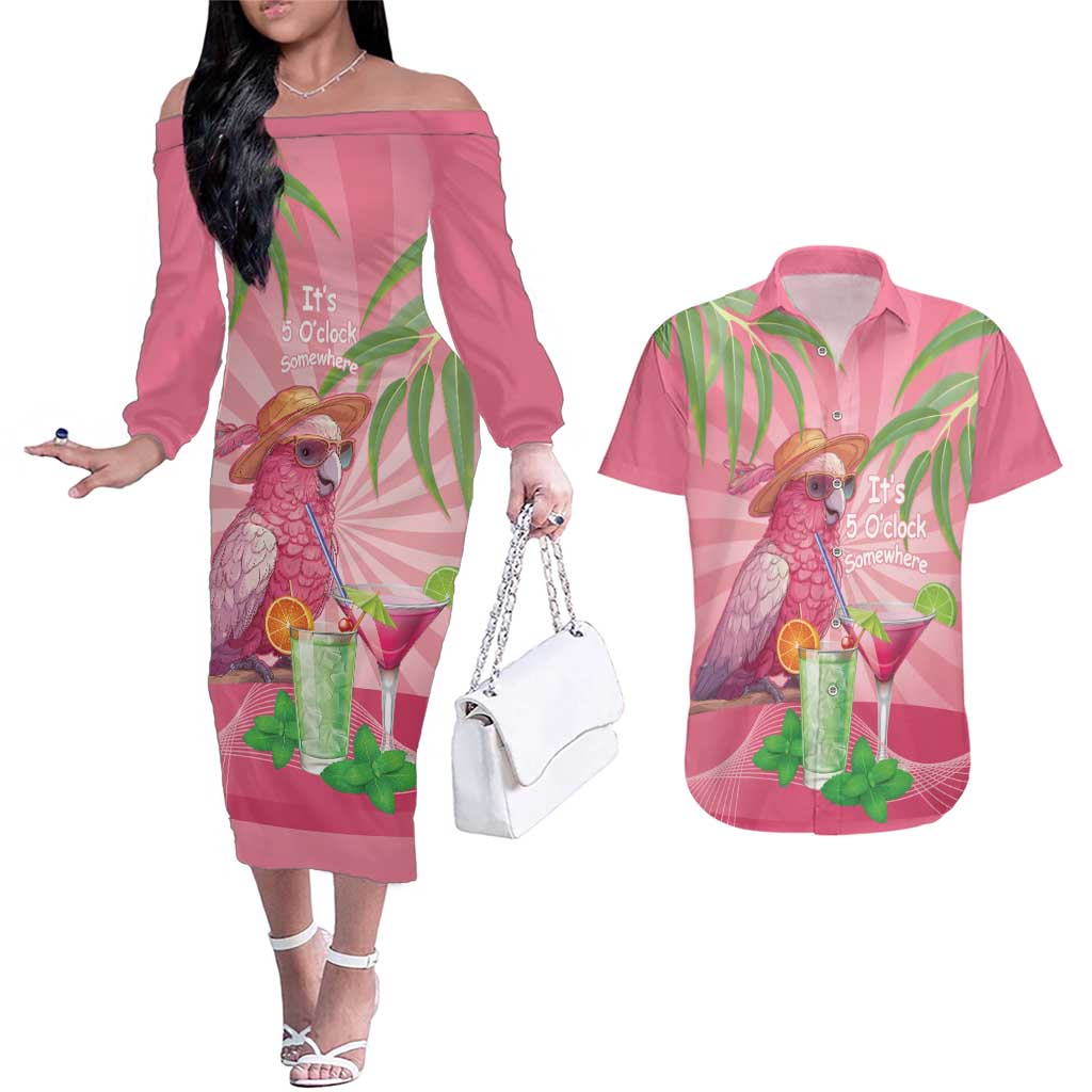 Chilling Pink Cockatoo Australia Couples Matching Off The Shoulder Long Sleeve Dress and Hawaiian Shirt It's 5 O’Clock Somewhere Cocktail - Aussie Hoodie