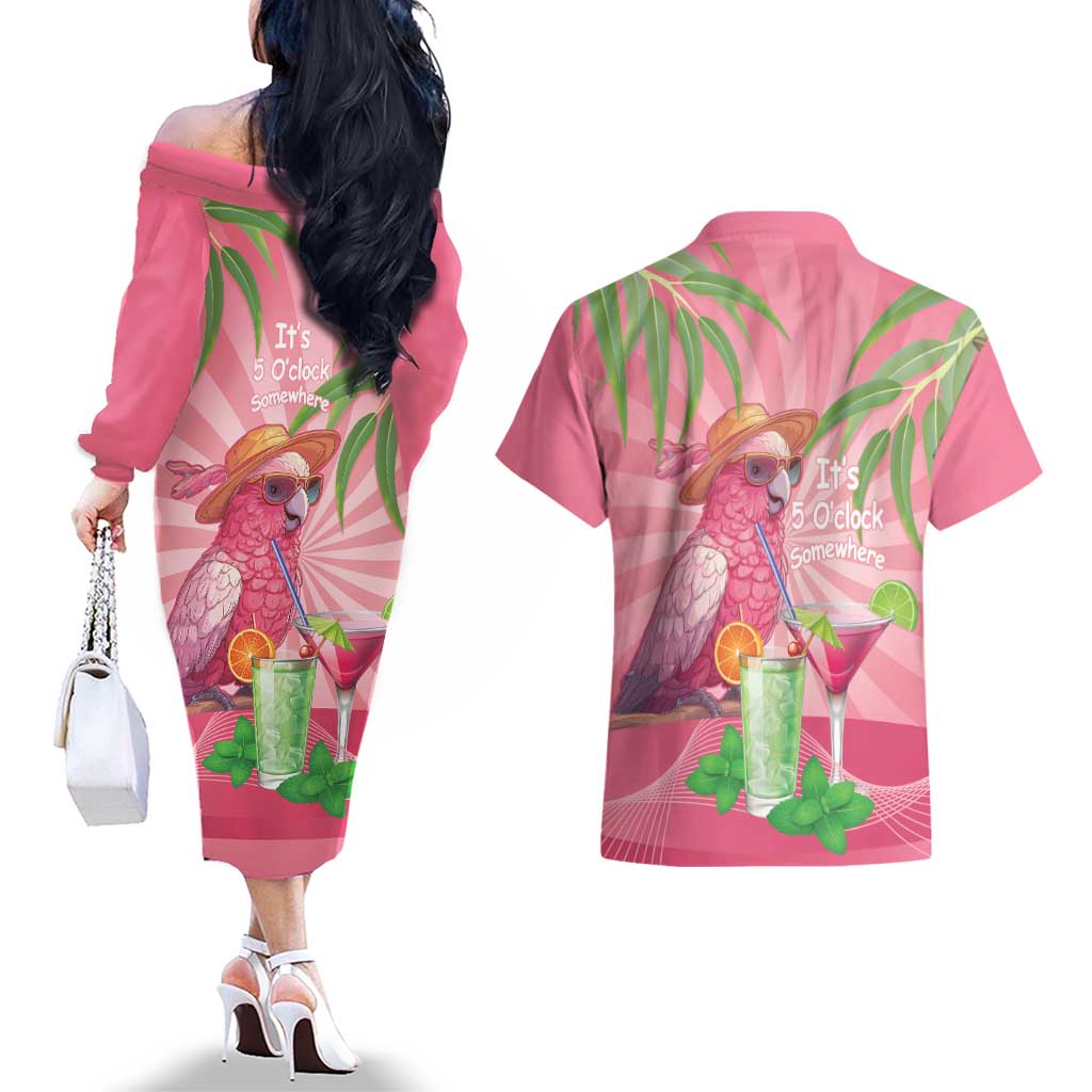 Chilling Pink Cockatoo Australia Couples Matching Off The Shoulder Long Sleeve Dress and Hawaiian Shirt It's 5 O’Clock Somewhere Cocktail - Aussie Hoodie