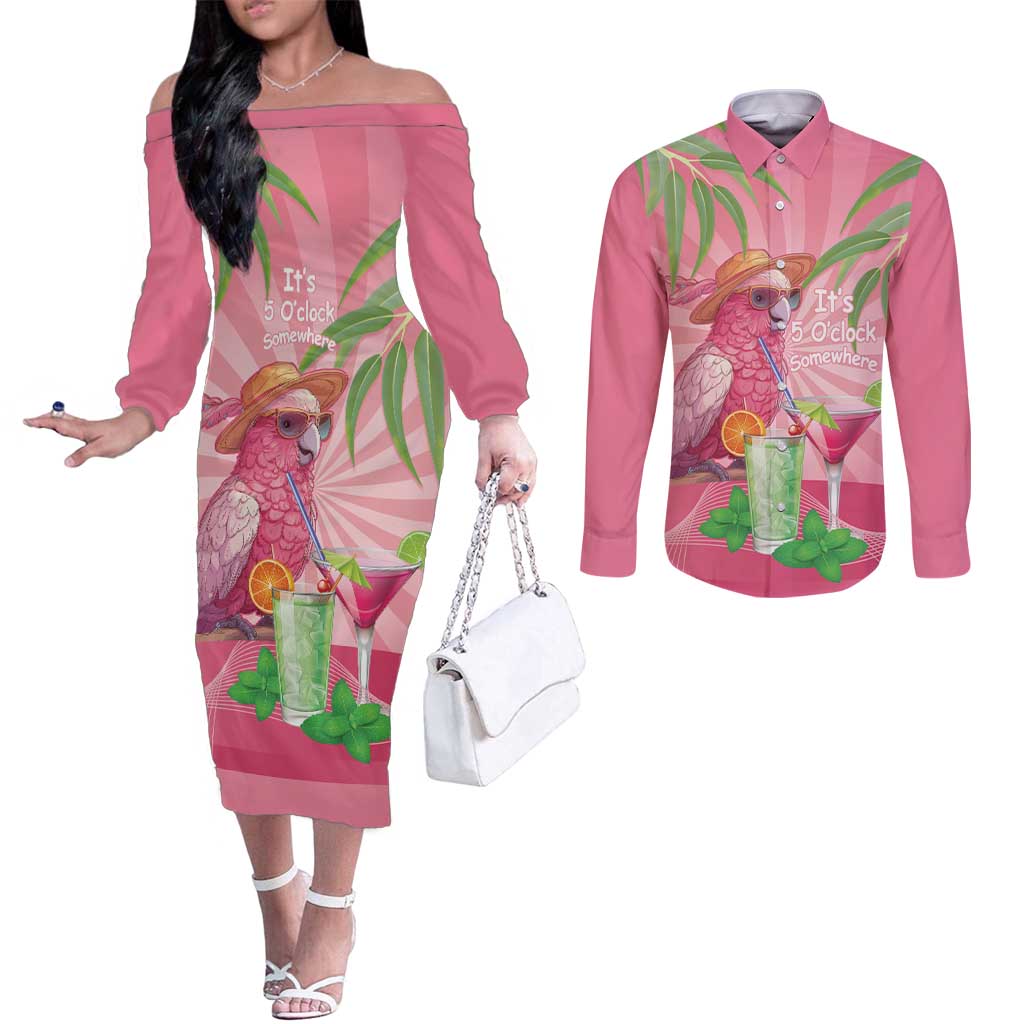 Chilling Pink Cockatoo Australia Couples Matching Off The Shoulder Long Sleeve Dress and Long Sleeve Button Shirt It's 5 O’Clock Somewhere Cocktail - Aussie Hoodie