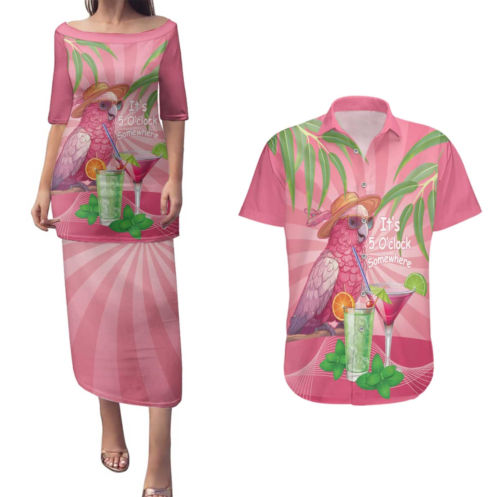 Chilling Pink Cockatoo Australia Couples Matching Puletasi and Hawaiian Shirt It's 5 O’Clock Somewhere Cocktail - Aussie Hoodie