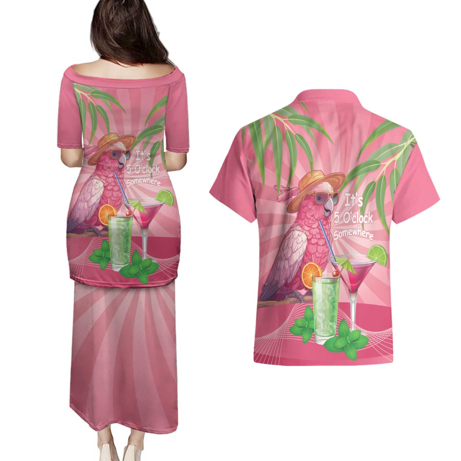 Chilling Pink Cockatoo Australia Couples Matching Puletasi and Hawaiian Shirt It's 5 O’Clock Somewhere Cocktail - Aussie Hoodie