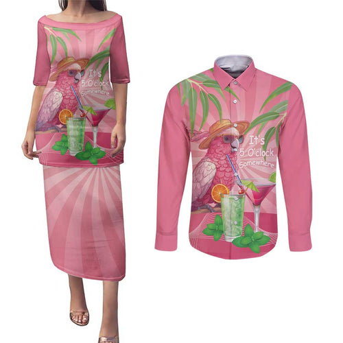 Chilling Pink Cockatoo Australia Couples Matching Puletasi and Long Sleeve Button Shirt It's 5 O’Clock Somewhere Cocktail - Aussie Hoodie