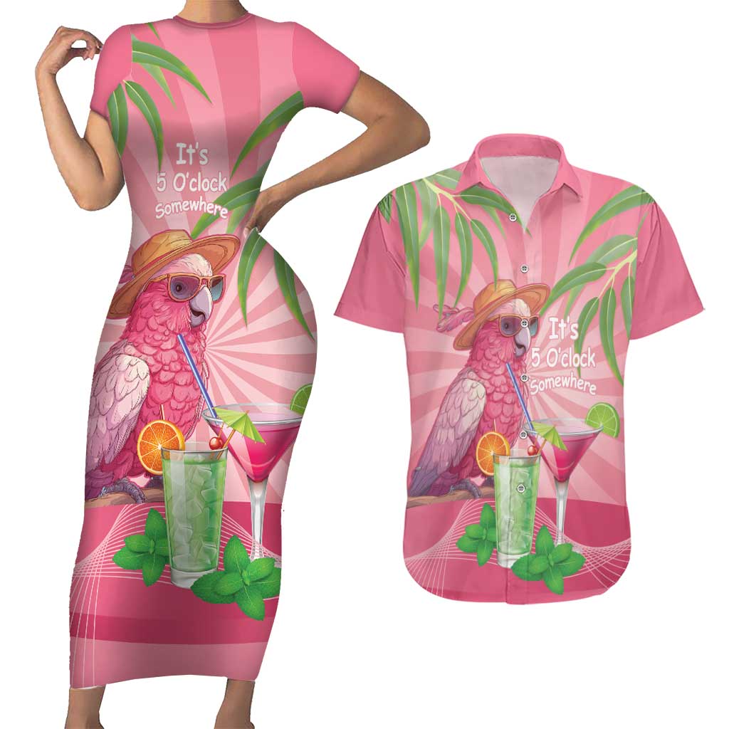Chilling Pink Cockatoo Australia Couples Matching Short Sleeve Bodycon Dress and Hawaiian Shirt It's 5 O’Clock Somewhere Cocktail - Aussie Hoodie
