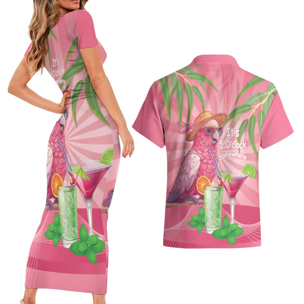 Chilling Pink Cockatoo Australia Couples Matching Short Sleeve Bodycon Dress and Hawaiian Shirt It's 5 O’Clock Somewhere Cocktail - Aussie Hoodie