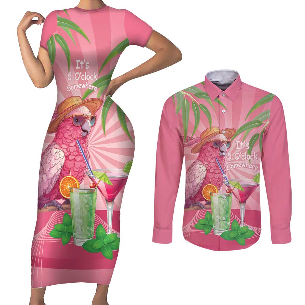 Chilling Pink Cockatoo Australia Couples Matching Short Sleeve Bodycon Dress and Long Sleeve Button Shirt It's 5 O’Clock Somewhere Cocktail - Aussie Hoodie