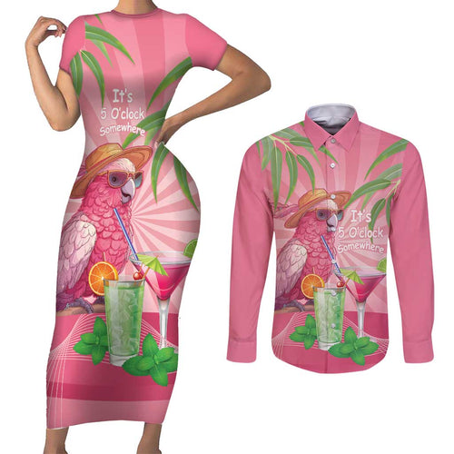 Chilling Pink Cockatoo Australia Couples Matching Short Sleeve Bodycon Dress and Long Sleeve Button Shirt It's 5 O’Clock Somewhere Cocktail - Aussie Hoodie