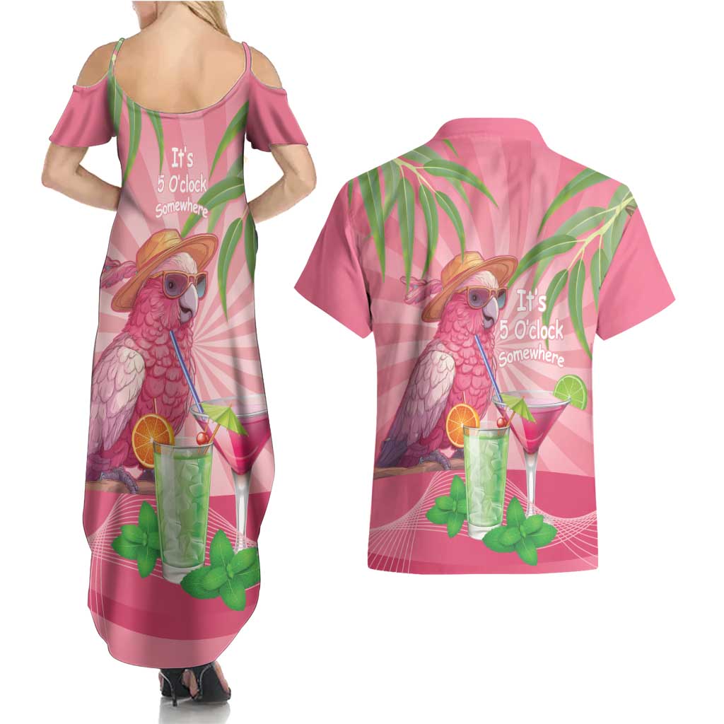 Chilling Pink Cockatoo Australia Couples Matching Summer Maxi Dress and Hawaiian Shirt It's 5 O’Clock Somewhere Cocktail - Aussie Hoodie