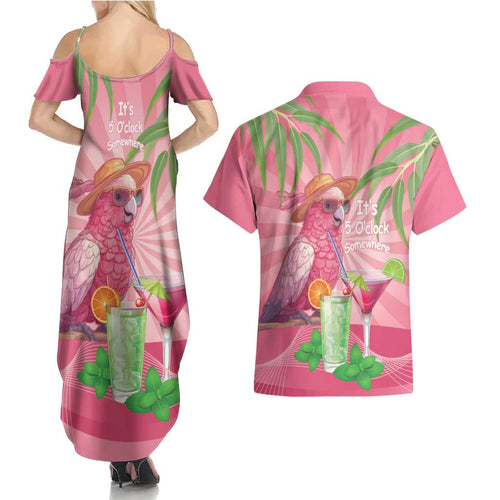 Chilling Pink Cockatoo Australia Couples Matching Summer Maxi Dress and Hawaiian Shirt It's 5 O’Clock Somewhere Cocktail - Aussie Hoodie