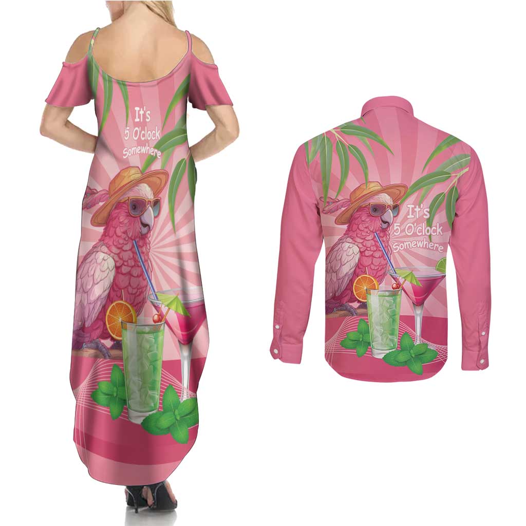 Chilling Pink Cockatoo Australia Couples Matching Summer Maxi Dress and Long Sleeve Button Shirt It's 5 O’Clock Somewhere Cocktail - Aussie Hoodie